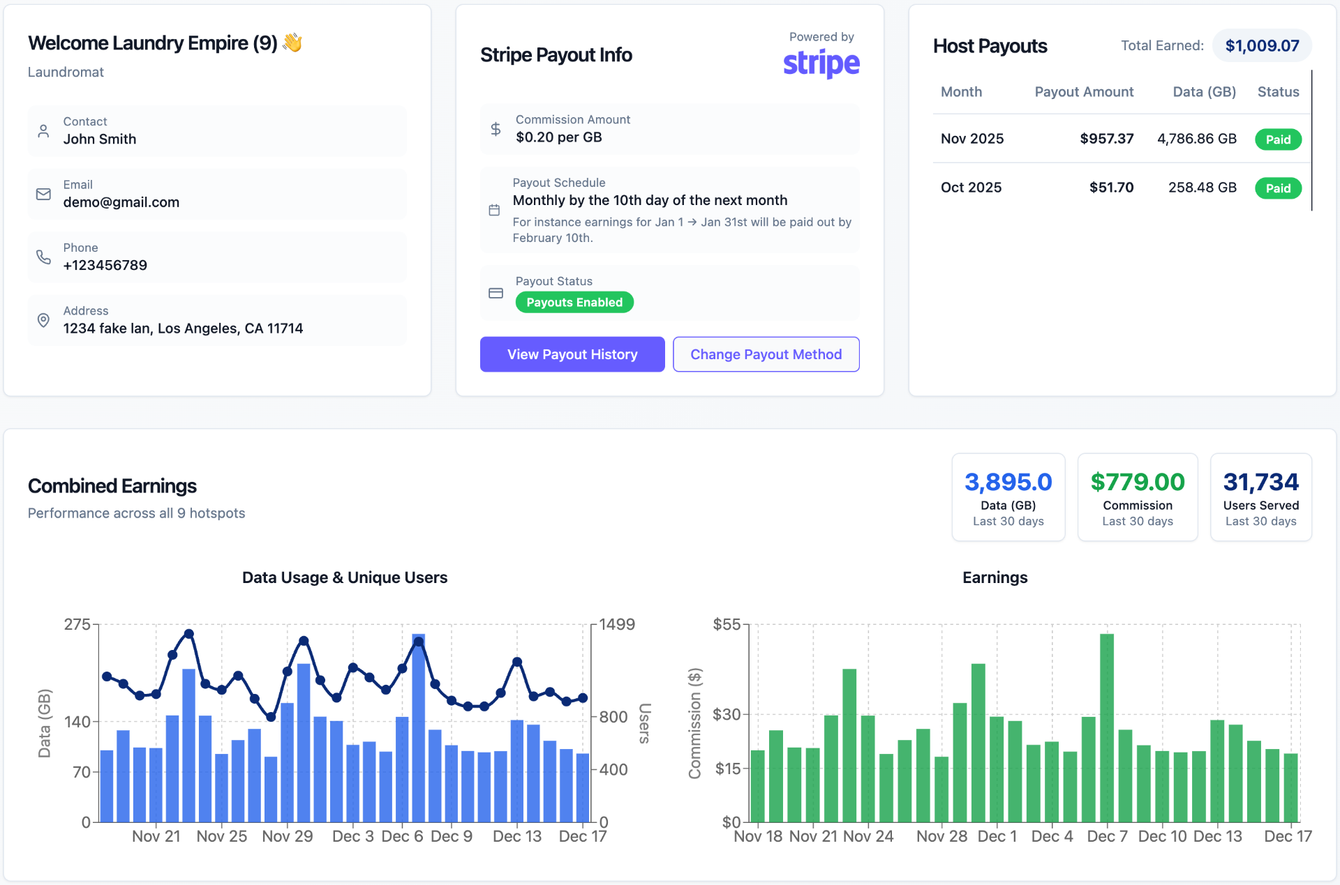 Meshly Host Dashboard showing earnings, data usage, and payout history